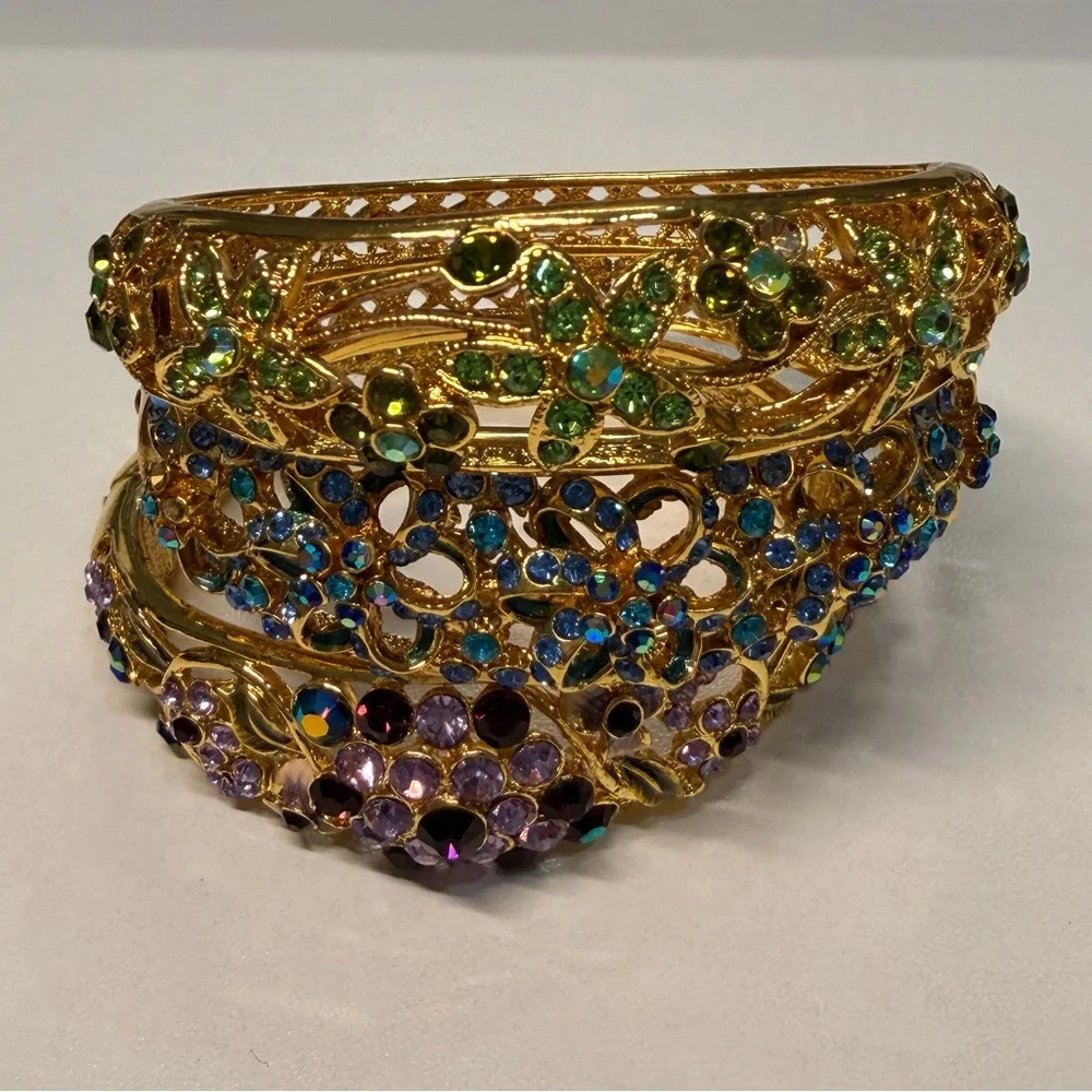 Gold Rhinestone Floral Stackable Multicolor Statement Bangle Bracelet Set